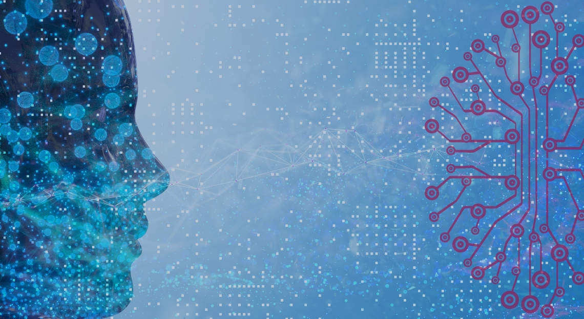 A blue 'digital' face on the left-hand side against a background showing implying data connection and information transfer and the idea of artificial intelligence